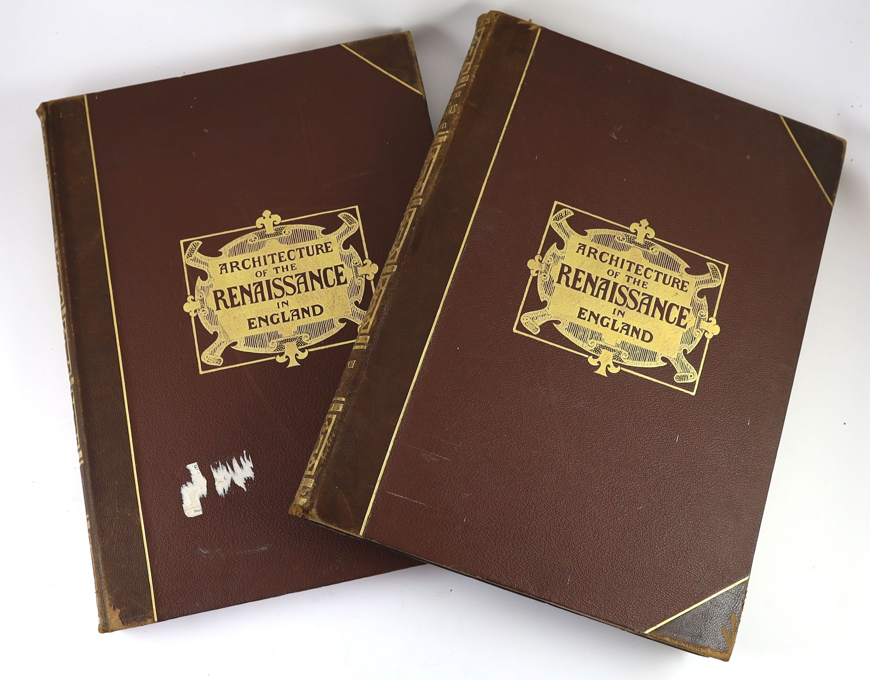Gotch, J.A. - Architecture of the Renaissance in England, 2 vol., photo plates, original half morocco, folio, 1894, Belcher and Macartney. Later Renaissance Architecture in England, 2 vol., photo plates, contemporary (?o